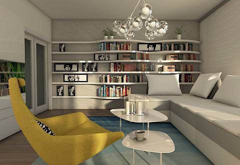 Návrh obývacího pokoje se zvlněnou knihovnou a akváriem - Praha