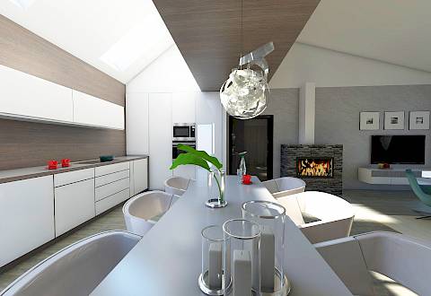 Atypická novostavba RD v Kolíně - návrh obývacího pokoje s kuchyní a jídelním koutem