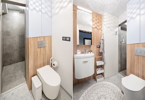 Interiérový design Krkonoše: rekonstrukcí kotelny vznikla moderní koupelna s velkým sprchovým koutem a WC
